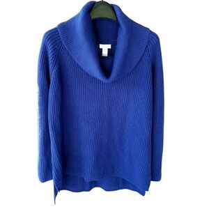 Chico's Cotton Cowlneck Sweater Soft Ribbed High Low Hemline Royal Blue Size XS